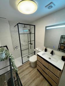 een badkamer met een wastafel, een douche en een toilet bij Apartamento con parking en Pedregalejo in Málaga
