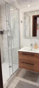 een badkamer met een douche en een wastafel bij Studio Estera - Pokoje u Magdy in Kazimierz Dolny
