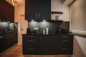 une cuisine avec des armoires noires et un comptoir noir dans l'établissement DOWNTOWN Apartment mit Luxusbad am Hafen nur 5 Minuten zu Fuß in die Innenstadt!, à Oldenbourg