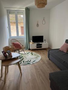 a living room with a couch and a tv at *La Belle Saison* lumineux, espace de travail, Wifi, Belfort ville in Belfort