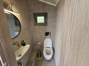 a bathroom with a toilet and a sink and a mirror at Black Goat in Chrysi Ammoudia +39 photos