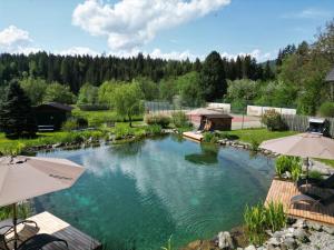 a pool of water in a yard with umbrellas at Gasthof Hotel Andlwirt in Sankt Andrä im Lungau