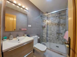 ein Bad mit einem WC, einem Waschbecken und einer Dusche in der Unterkunft ALOJAMIENTO MIRABUENOS in Aranda de Duero