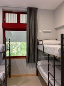 Zimmer mit 2 Etagenbetten und einem Fenster in der Unterkunft Albergue de Villava in Villava