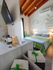 een slaapkamer met 2 bedden, een tv en een bank bij Agriturismo Casale Lisalola in Sutri