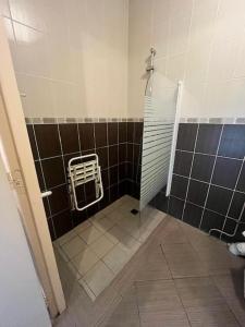 La salle de bains est pourvue d'une douche avec une porte en verre. dans l'établissement Hôtel Le Juliano, à Carbon-Blanc