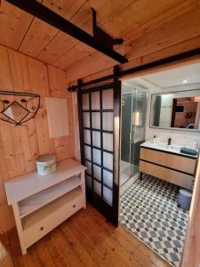 ein Bad mit einer Dusche, einem Waschbecken und einem Spiegel in der Unterkunft Le chalet d'Armorique, proche des plages in Ploufragan
