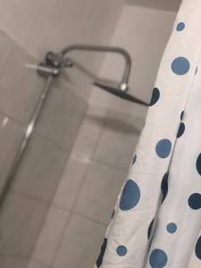 a polka dot shower curtain in a bathroom at Zentrale 1 1/2 Zimmer Apartment in Wolfsburg