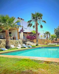 a swimming pool in front of a house with palm trees at B&B La Nava Suites in Mojácar