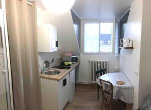 Una pequeña cocina con un fregadero y una mesa. en Studio BATIK, en Chambéry