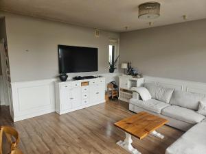 a living room with a couch and a flat screen tv at Przytulne mieszkanie z kominkiem in Opole +17 photos