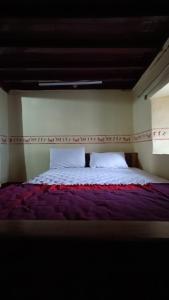 a bedroom with a bed with purple sheets and white pillows at Keshava Heritage in Belūr