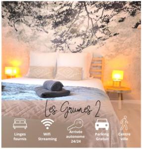 a poster of a bedroom with a bed with two lamps at NOUVEAU Les Grumes 2 - Maison - 2 chambres - Jardin - Neuf in Compiègne