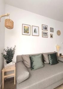a couch in a living room with a potted plant at NOUVEAU Les Grumes 2 - Maison - 2 chambres - Jardin - Neuf in Compiègne +9 photos