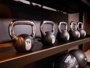 a row of black dumbbells on a shelf at TRIBE Milano Malpensa in Vizzola Ticino