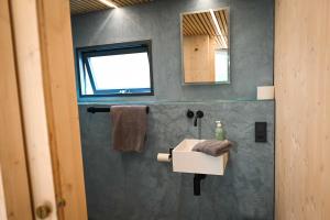 baño con lavabo y espejo en la pared en Tiny House Pioneer 1 - Salemer See, en Salem