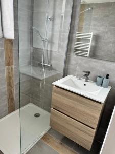 une salle de bain avec lavabo et douche dans l'établissement Maison entre Aven et Belon - Riec sur Belon, à Riec-sur-Bélon