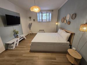 a bedroom with a bed and a flat screen tv at Sea and Sand's Ville HOWME in Bari
