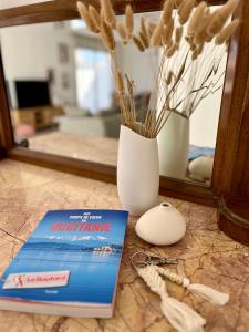 un libro accanto a un vaso e un mouse del computer di La Maison Louis - moderne & familiale a Lapalme Altre 11 foto