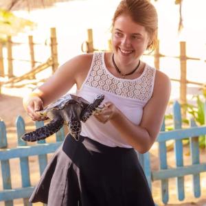 Eine Frau, die eine Schildkröte in der Hand hält. in der Unterkunft Wallama Villa in Ambalangoda