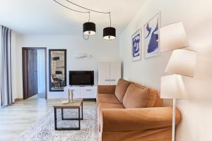 尼可薩茲的住宿－Alcest Niechorze，带沙发和电视的客厅