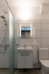 a bathroom with a sink and a toilet and a mirror at Toppen af Ebeltoft in Ebeltoft