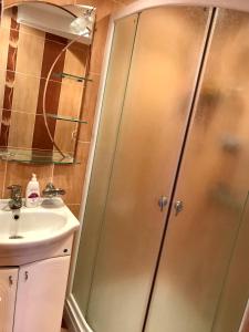 a bathroom with a shower and a sink at City Center - Nurken Abdirova 32 in Karagandy +2 photos