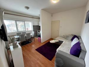 ein Wohnzimmer mit einem Sofa und einem Esszimmer in der Unterkunft apartman centar S in Pirot