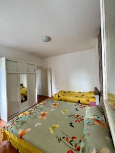 1 Schlafzimmer mit 2 Betten und einem Spiegel in der Unterkunft apartman centar S in Pirot