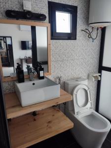 a bathroom with a sink and a toilet and a mirror at La residence latinaya in Poponguine