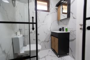 een badkamer met een toilet, een wastafel en een spiegel bij Apartmani Čalane in Topola