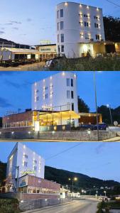 two pictures of a white building with lights on at Apartmani BJELASICA in Bijelo Polje