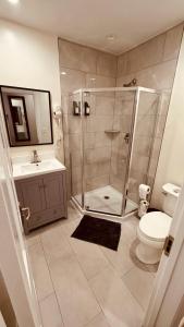 Un baño con ducha, inodoro y lavabo. en Los Angeles Cottage, en Los Ángeles 18 fotos más