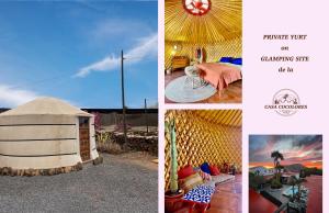 a collage of four pictures of a yurt at Casa Cocolores in Villaverde