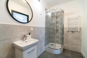 a bathroom with a sink and a mirror at Apartamenty Silver Place in Szczecin