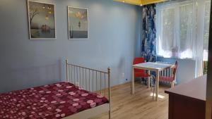 um quarto com uma cama, uma mesa e uma secretária em StudioSpanie Studio Kapitana z balkonem na parterze em Gdansk