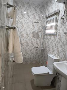 a bathroom with a toilet and a sink and a shower at J Blitz International Hotel in Agege