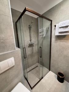prysznic ze szklanymi drzwiami w łazience w obiekcie Apartments Petar Pan w Fažanie
