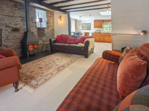 a living room with a couch and a fireplace at Tyn Y Ffordd in Llanymawddwy