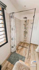 a shower with a glass door in a bathroom at Chalet Tikaz Sandjo in Entre-Deux +41 photos