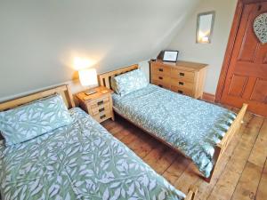 a bedroom with two beds and a dresser with a lamp at Fern Cottage in Ardentinny