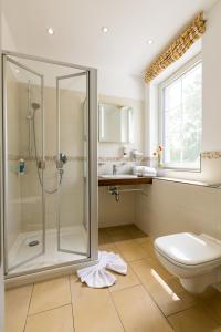 uma casa de banho com um chuveiro, um WC e um lavatório. em Café Wildau Hotel & Restaurant am Werbellinsee em Schorfheide