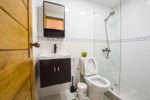 W łazience znajduje się toaleta, umywalka i prysznic. w obiekcie Oasis en la Sultana del Este w mieście San Pedro de Macorís