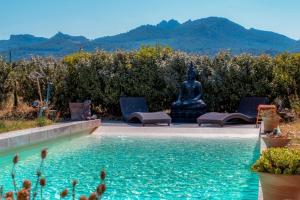 a large pool with a statue in the background at La cabane d'Alcée in Vacqueyras