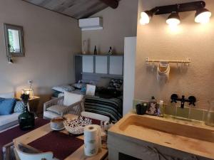 a kitchen with a sink and a living room at La cabane d'Alcée in Vacqueyras