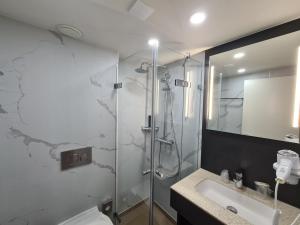 een badkamer met een douche en een wastafel bij Avenue Hotel in Amsterdam