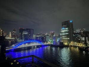 un puente azul sobre un río con una ciudad por la noche en ulu Tokyo, en Tokio