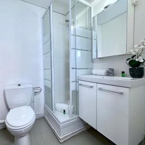 ein weißes Bad mit einem WC und einer Dusche in der Unterkunft 1601 - Charming studio in Paris Olympic Games 2024 in Paris