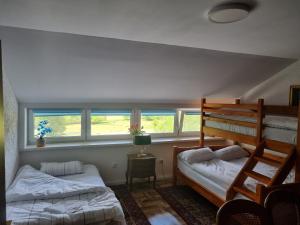 sypialnia z 2 łóżkami piętrowymi i oknem w obiekcie Nocleg pod Wielkim Działem w mieście Narol