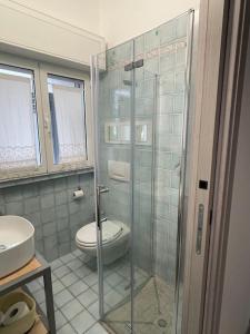 a bathroom with a toilet and a glass shower at La Casetta 115 fronte lago in Castelletto sopra Ticino